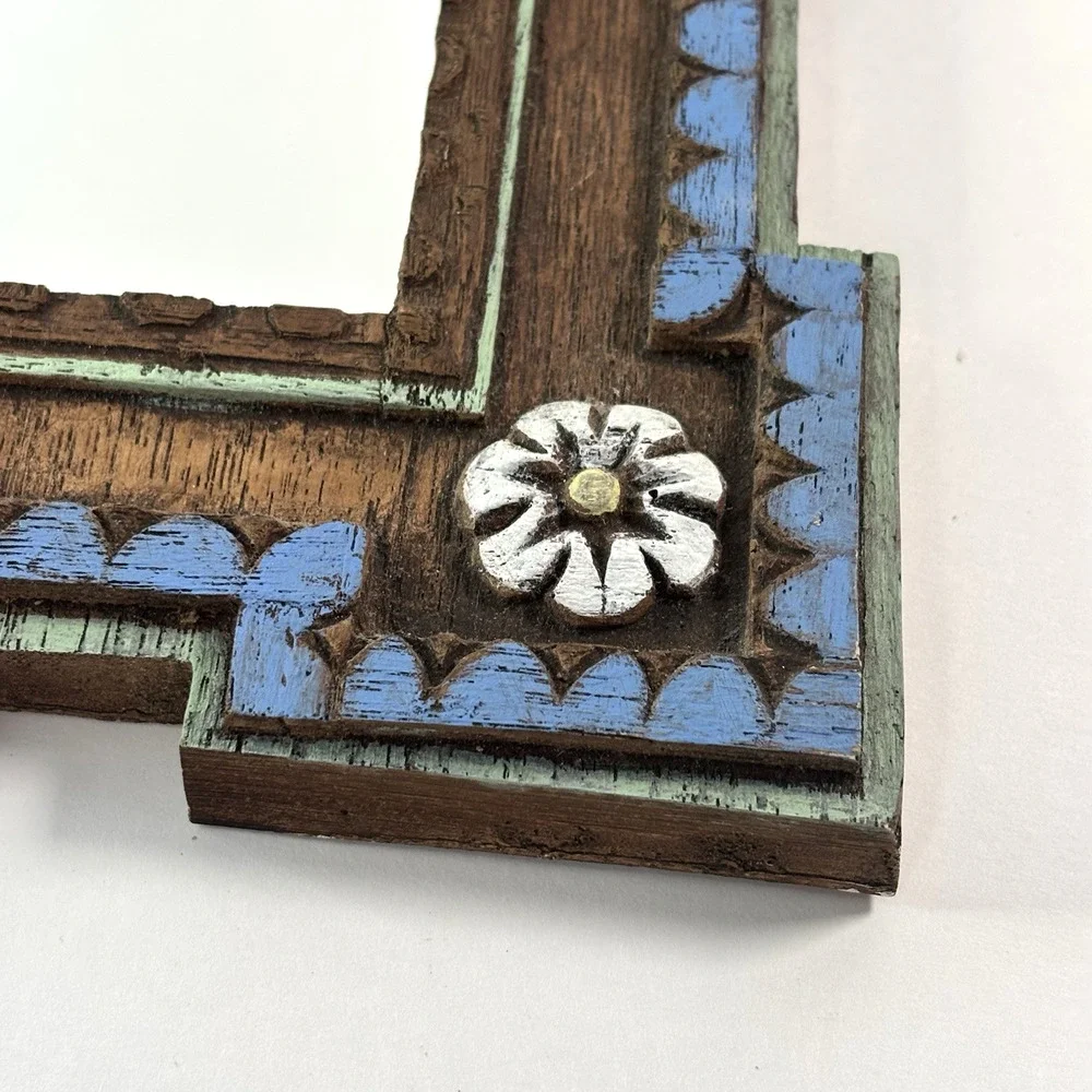 Beautiful Frame Vtg Carved Painted Engraved Mirror Wall Folk Art Boho Cottage